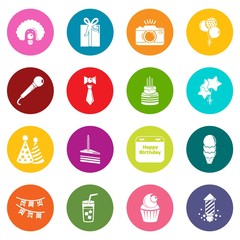 Happy birthday icons set vector colorful circles isolated on white background 