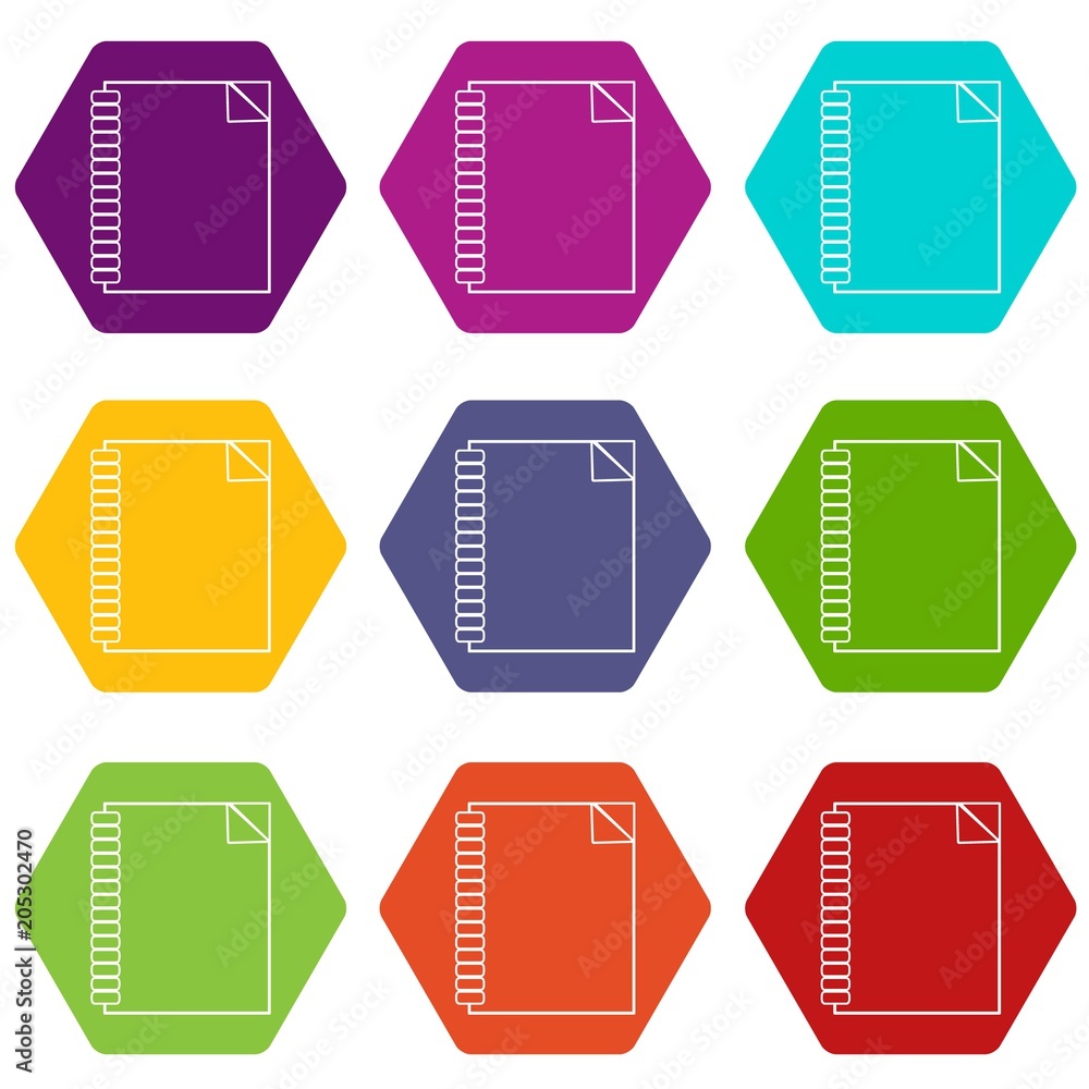 Poster notebook icons 9 set coloful isolated on white for web