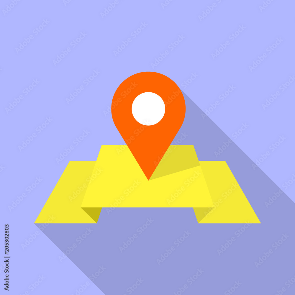 Poster red pin on yellow map icon. flat illustration of red pin on yellow map vector icon for web design
