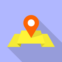 Red pin on yellow map icon. Flat illustration of red pin on yellow map vector icon for web design