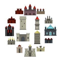 Towers and castles icons set in flat style isolated vector illustration