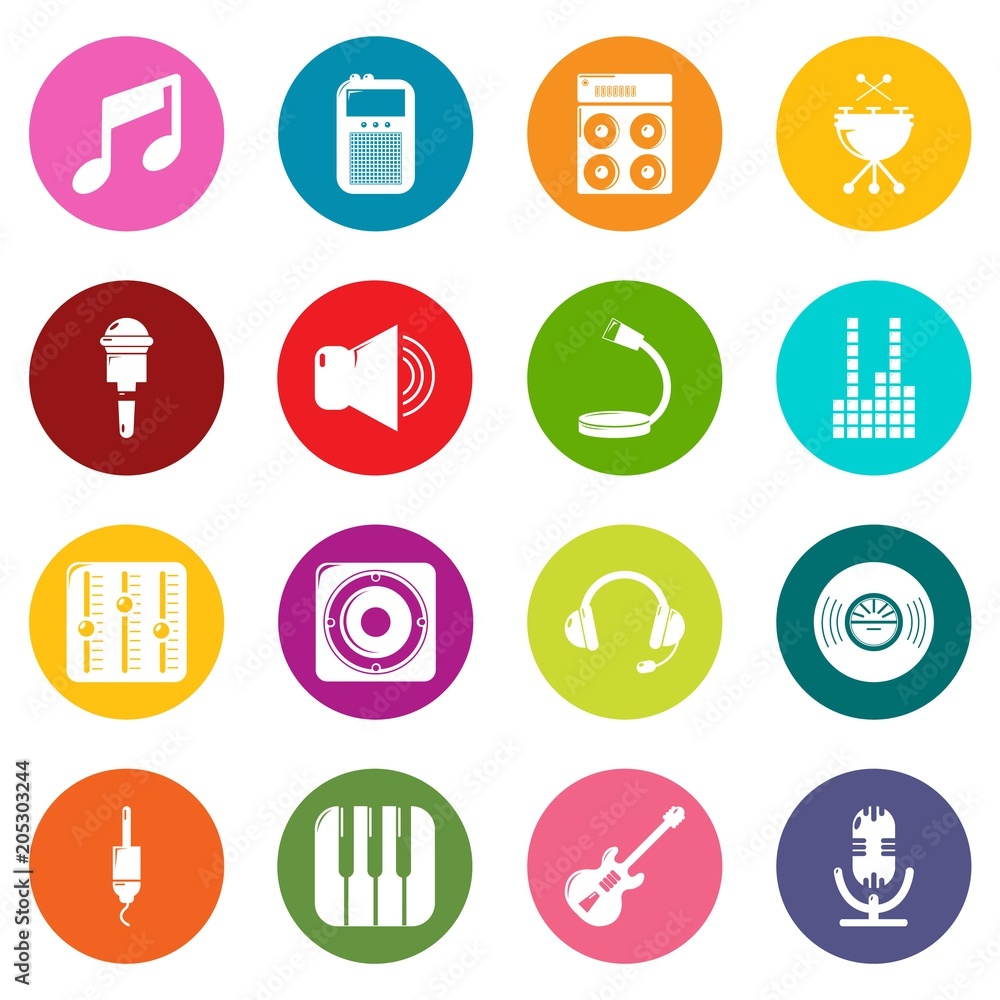 Poster recording studio symbols icons set vector colorful circles isolated on white background