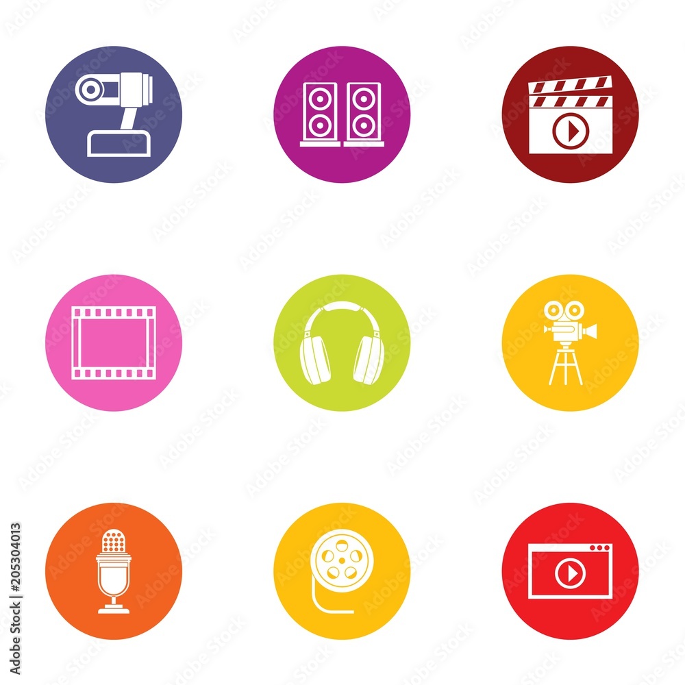 Poster media center icons set. flat set of 9 media center vector icons for web isolated on white background