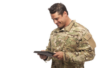 Smiling Soldier with digital tablet