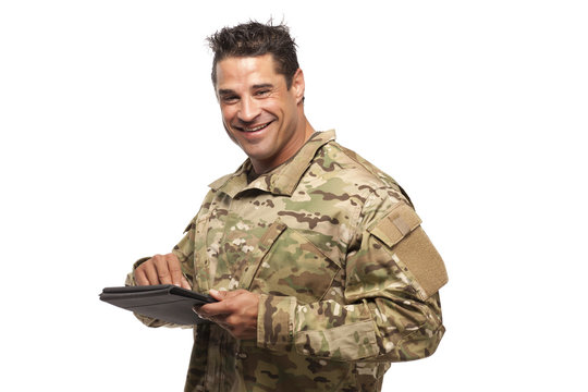 Happy Soldier With Digital Tablet