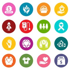Charity icons set vector colorful circles isolated on white background 