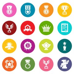 Awards medals cups icons set vector colorful circles isolated on white background 