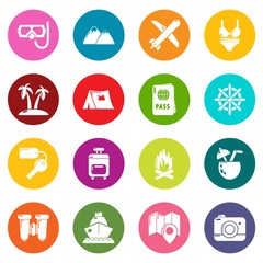 Travel summer icons set vector colorful circles isolated on white background 