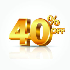 3d vector shiny gold 40 percent text with reflection isolated on white background. 