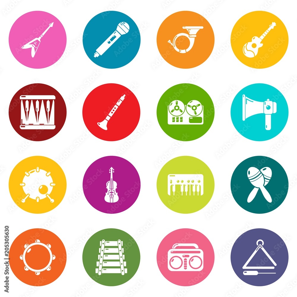 Poster musical instruments icons set vector colorful circles isolated on white background