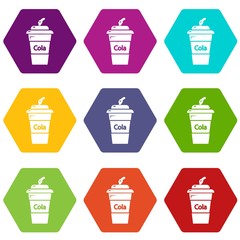 Cola plastic glass icons 9 set coloful isolated on white for web