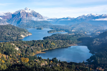Fototapeta premium Gorgeous view from the top of Cerro Companario in Nahuel Huapi National Park, San Carlos de Bariloche (or simply, Bariloche), Rio Negro, located on the northern edge of Argentina's Patagonia region