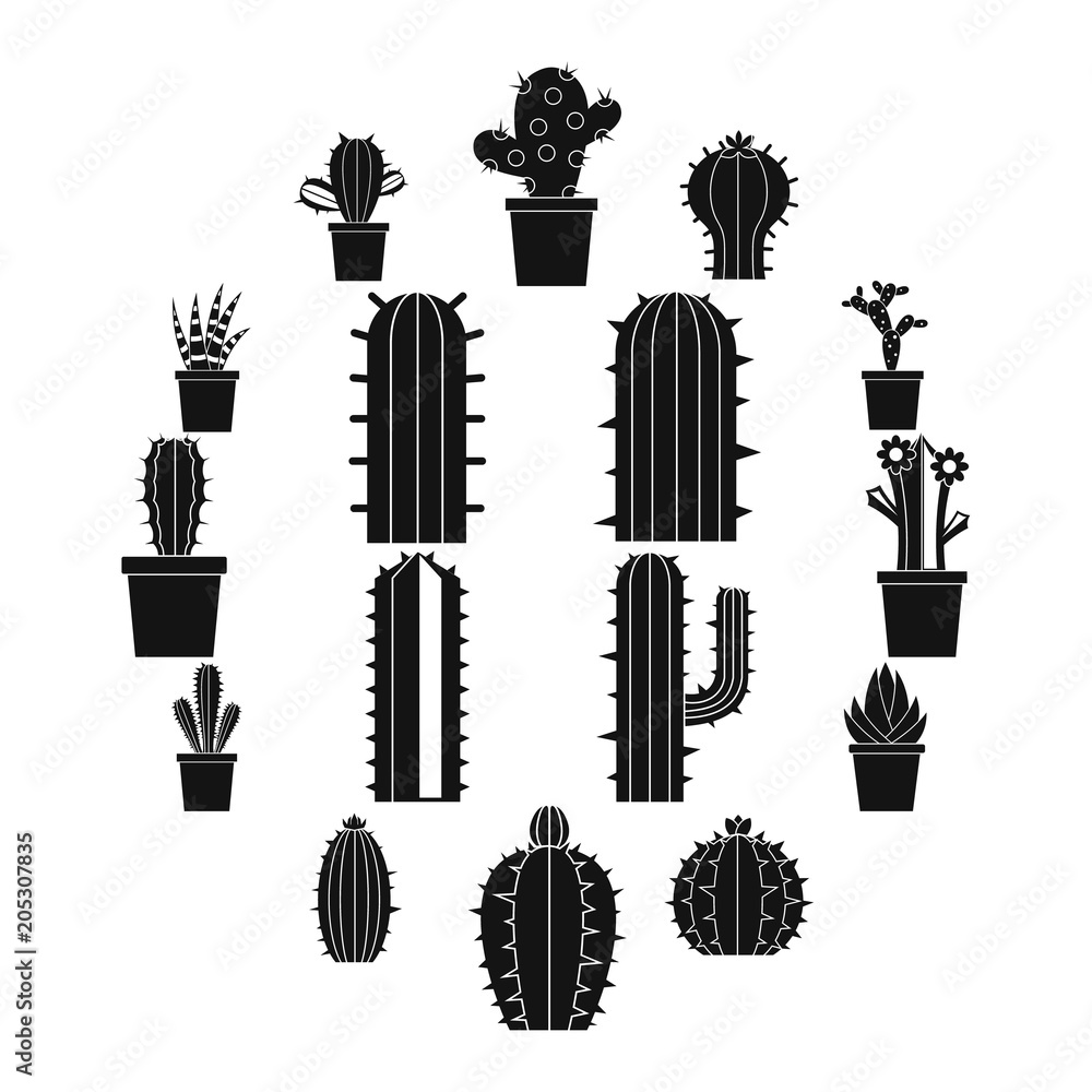 Poster different cactuses icons set. simple illustration of 16 different cactuses vector icons for web