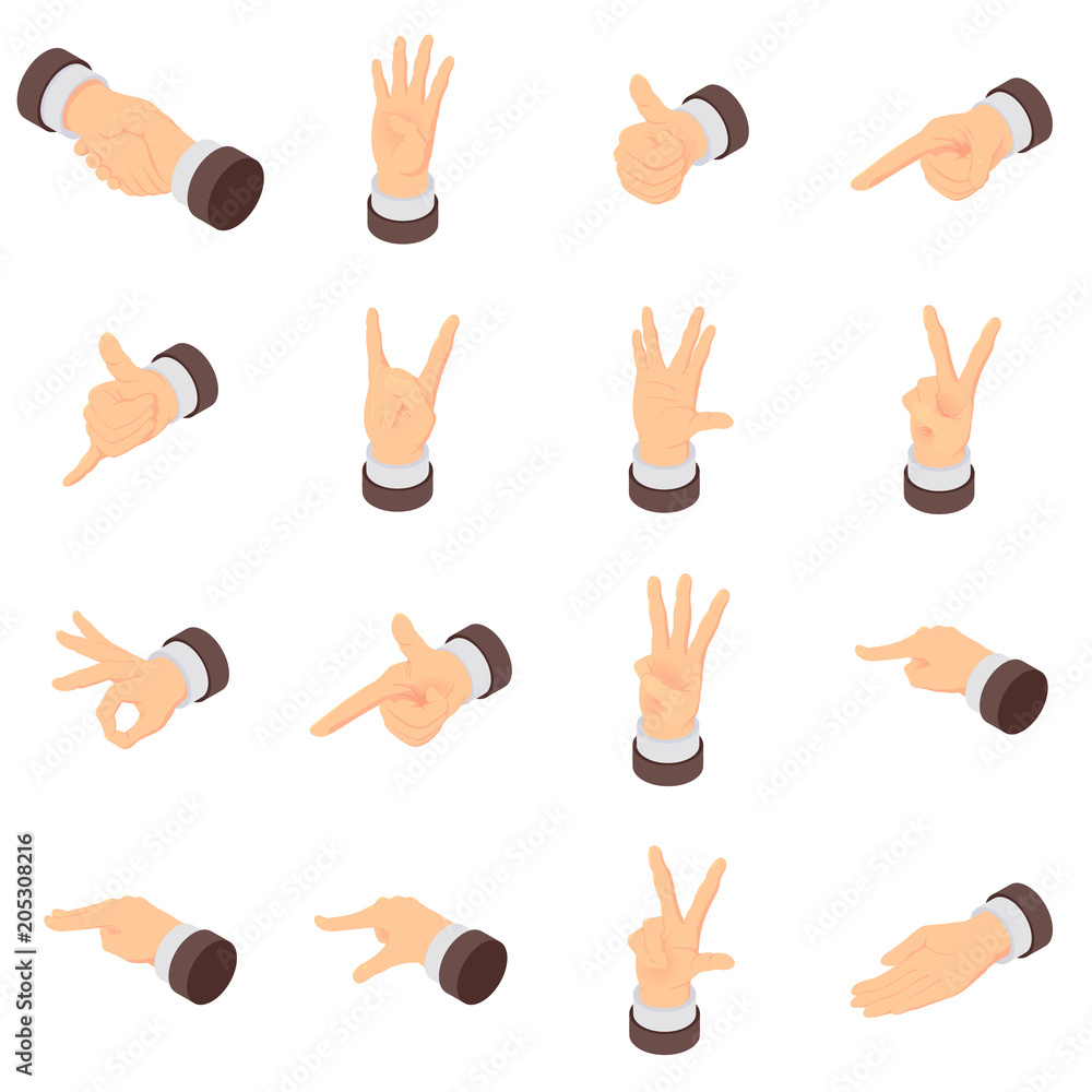 Poster hand gesture palm pointer icons set. isometric illustration of 16 hand gesture palm pointer vector i