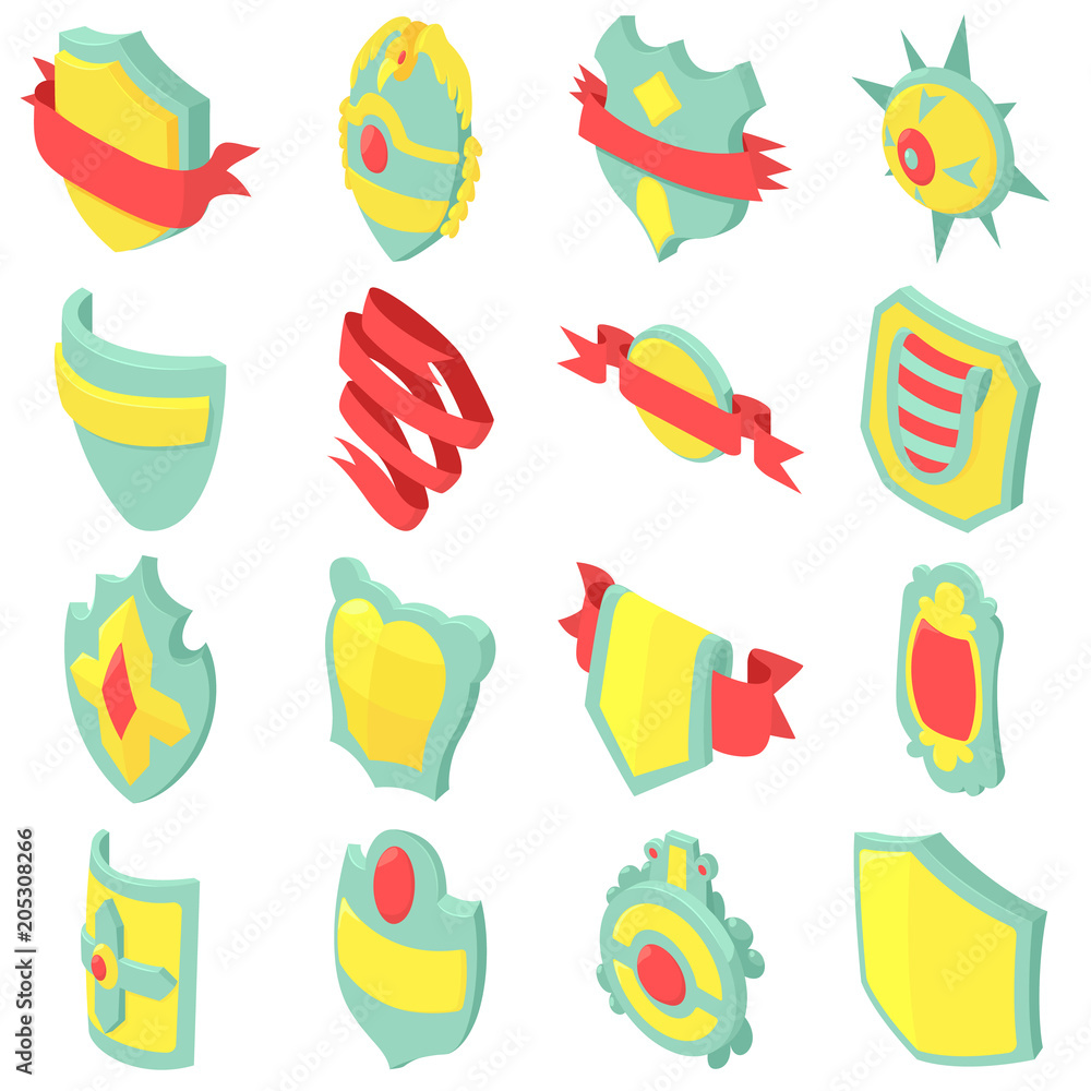 Poster shield badge icons set. isometric illustration of 16 shield badge vector icons for web
