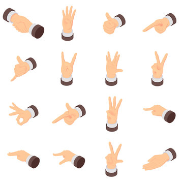 Hand gesture palm pointer icons set. Isometric illustration of 16 hand gesture palm pointer vector icons for web