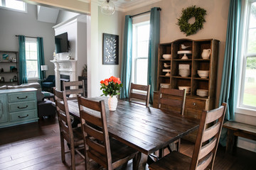 Modern Rustic Farmhouse Style Wood Dining Room - obrazy, fototapety, plakaty