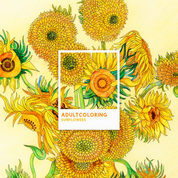 Sunflowers (1889) by Vincent van Gogh: adult coloring page