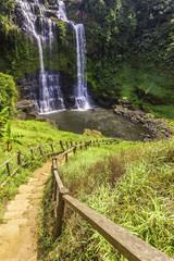 Beautiful view of waterfall landscape. Small waterfall in deep green forest scenery