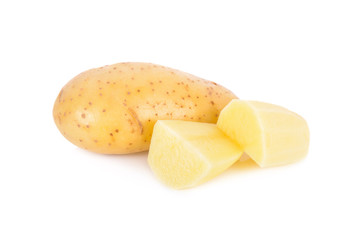 whole and peeled fresh potatoes on white background