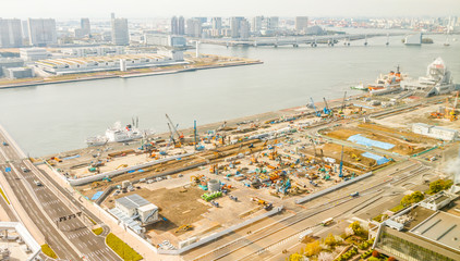 Fototapeta premium TOKYO,JAPAN,10th APRIL 2017.Top view Construction industry worker commercial and residential section weather raining and fog and building in control area in developed at downtown of tokyo,japan.