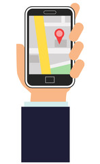 Hand holding a smartphone with map app on the screen vector image