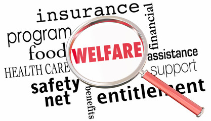 Welfare Magnifying Glass Government Entitlements Words 3d Render Illustration