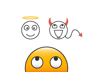 Good and evil concept. Emoticon character person looking at his conscience. Deciding between the good and the bad choice. Vector illustration with transparent background