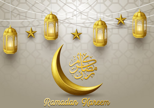 Ramadan Kareem greeting card with golden crescent islamic symbol and arabic calligraphy and lantern hanging