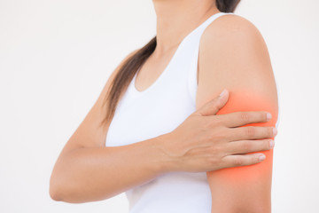 Closeup female's arm. Arm pain and injury with red highlights. Health care and medical concept.
