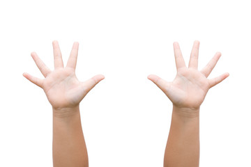 Children Boy hand showing the five fingers on white background