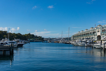 Fototapeta na wymiar Yachts and boats on berth in bay on sunny day