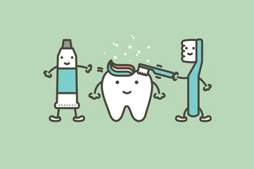 toothbrush and toothpaste are brushing teeth to healthy white tooth - dental cartoon vector flat style