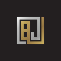 Initial letter BJ, looping line, square shape logo, silver gold color on black background