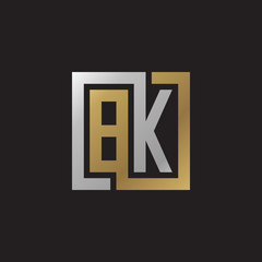 Initial letter BK, looping line, square shape logo, silver gold color on black background