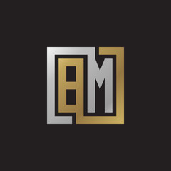 Initial letter BM, looping line, square shape logo, silver gold color on black background