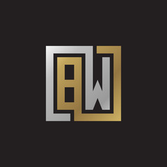 Initial letter BW, looping line, square shape logo, silver gold color on black background