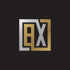 Initial letter BX, looping line, square shape logo, silver gold color on black background