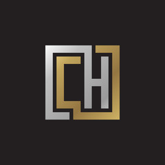 Initial letter CH, looping line, square shape logo, silver gold color on black background