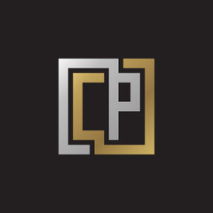 Initial letter CP, looping line, square shape logo, silver gold color on black background