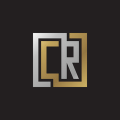 Initial letter CR, looping line, square shape logo, silver gold color on black background