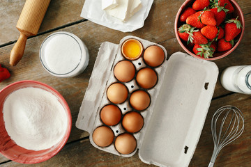 Raw ingredients cooking strawberry pie cake top view flat lay Recipe strawberry pie