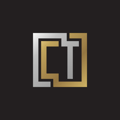 Initial letter CT, looping line, square shape logo, silver gold color on black background