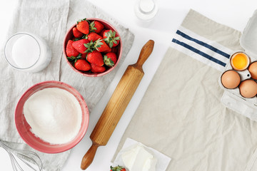 Raw ingredients cooking strawberry pie cake top view flat lay Recipe strawberry pie