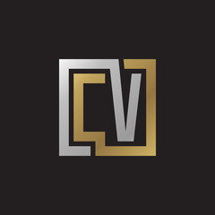 Initial letter CV, looping line, square shape logo, silver gold color on black background