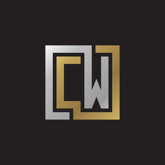 Fototapeta premium Initial letter CW, looping line, square shape logo, silver gold color on black background