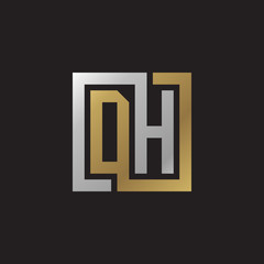 Initial letter DH, looping line, square shape logo, silver gold color on black background