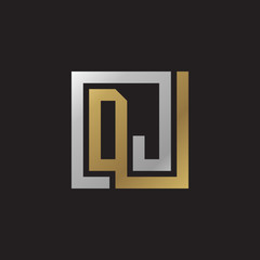 Initial letter DJ, looping line, square shape logo, silver gold color on black background