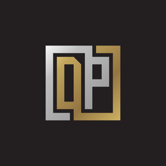 Initial letter DP, looping line, square shape logo, silver gold color on black background