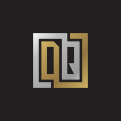 Initial letter DQ, looping line, square shape logo, silver gold color on black background